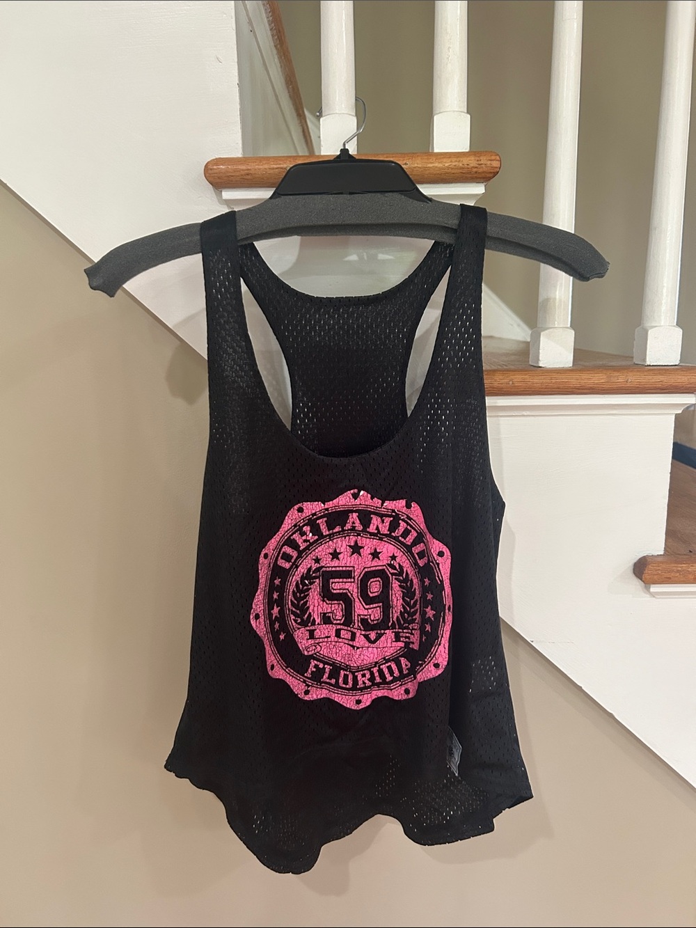 Black Mesh Racerback Tank with Pink Orlando Graphic